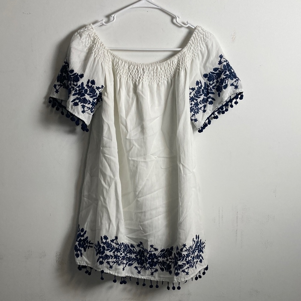 Lumiere White Mini Dress with Navy Embroidery